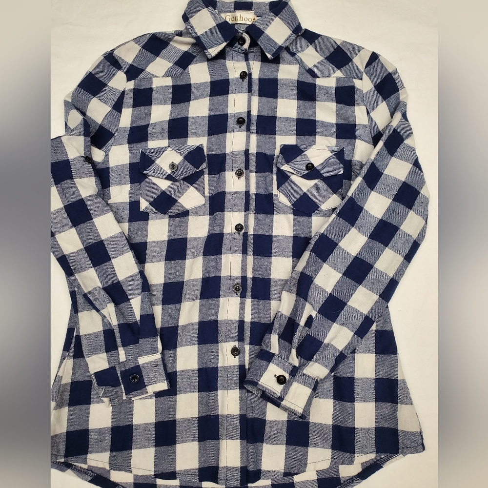 Genhoo Blue White Buffalo Check Flannel Shirt Women’s Button Down Plaid Cotton T